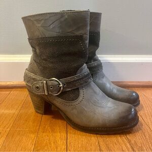 Dromedaris Farrah Gray Heeled Boots Women’s 38 7.5-8 Leather Harness Buckle